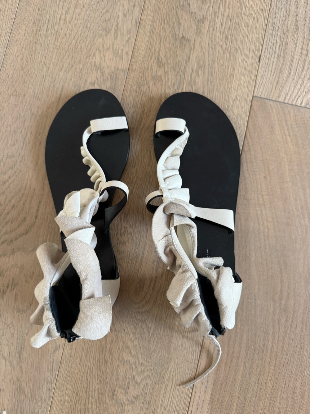 Isabel Marant Black Footbed Sandals with Cream Ruffled Straps